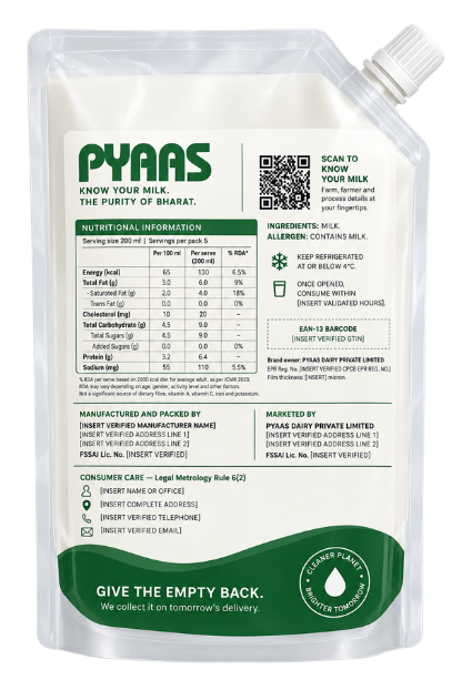 PYAAS Sahiwal Milk, 1 L pouch, back label
