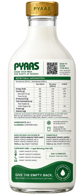 PYAAS Sahiwal Milk, 1 L bottle, back label