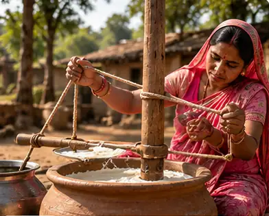 Curd churned by hand with a wooden bilona and rope