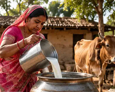 Whole milk poured into a steel pot to set into curd, a cow behind
