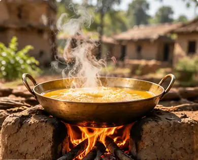 Butter simmering in a kadhai over a wood fire