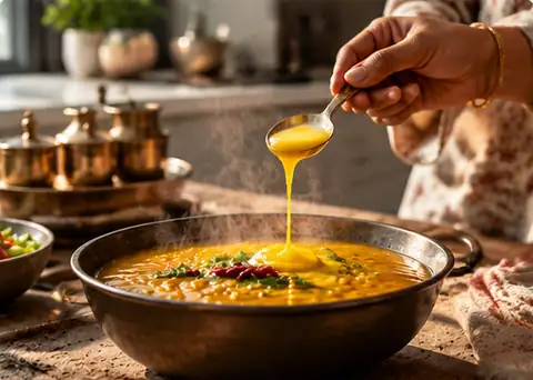 A spoon of ghee melting over a bowl of hot dal