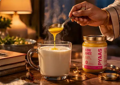 Ghee being stirred into a glass of warm milk