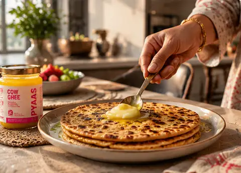 Ghee spread on warm parathas beside a jar of PYAAS ghee