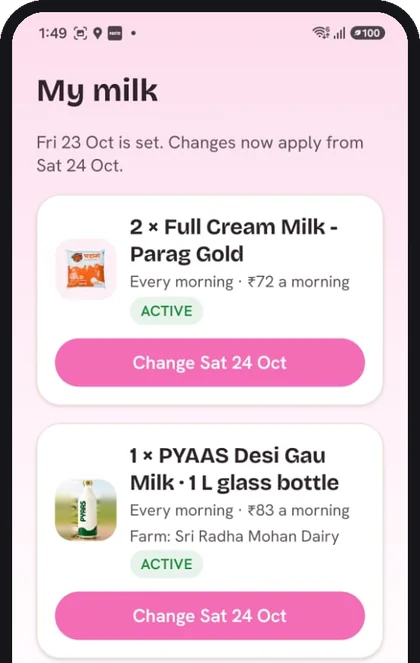 The PYAAS app My milk screen, with a Parag Gold plan and a Desi Gau Milk glass bottle plan, both active