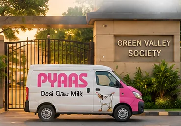 A PYAAS van parked at a society gate in Lucknow before dawn