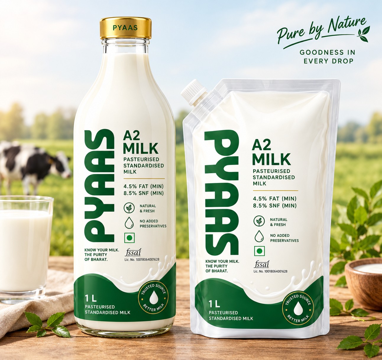 PYAAS Desi Gau Milk 1 L glass bottle and 1 L pouch on a farm table, cows grazing behind