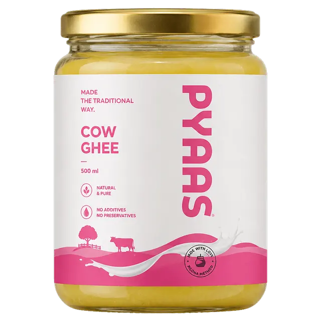 PYAAS Bilona Cow Ghee, 500 ml glass jar with a gold lid